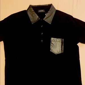 Diesel - Black Polo tee with sheepskin leather